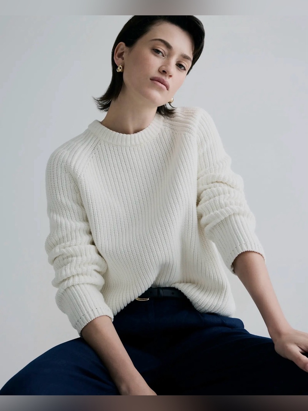 Quince Women's 100% Organic Cotton Fisherman Crew Sweater Ivory Chunky Knit M